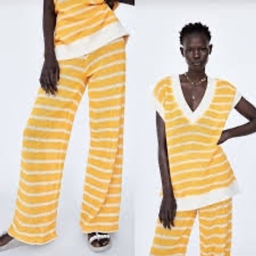 Zara 2 Piece Set Yellow Striped High Waist Rustic Knit Wide Leg Trousers Vest S